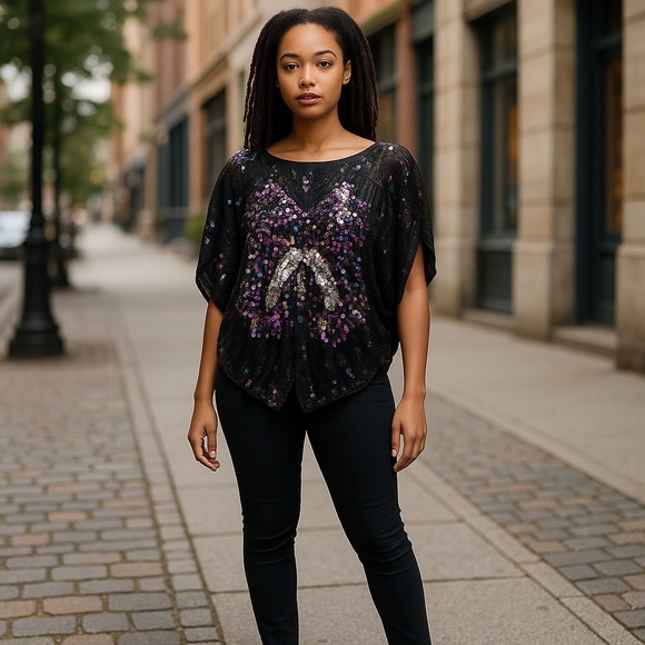 Vintage Cotton Castle Black Bow Sequins Top, M0579 - Picture 7 of 7